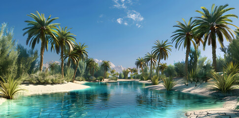 Obraz premium Vast sky above a tranquil desert oasis, a panoramic view