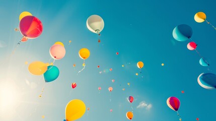 Vibrant balloons floating in a clear blue sky AI generated illustration