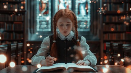 A young girl with long red hair in pigtails, wearing a vintage school uniform, sits at a wooden desk in a dimly lit library, writing in a notebook
