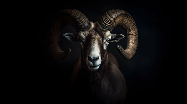 Portrait of a Wild Mountain Goat with Curved Horns - Realistic Animal Photography
