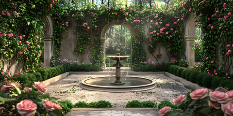 Peaceful garden courtyard with vibrant roses and walls draped in ivy