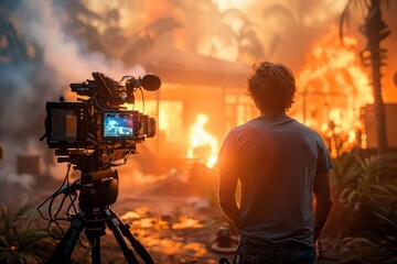Fototapeta premium A cinematographer operates a camera on a tripod, capturing a scene outside a house bathed in atmospheric blue light and fog at dusk.