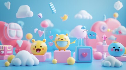 Fototapeta premium Whimsical 3D characters interacting on a virtual social media platform AI generated illustration