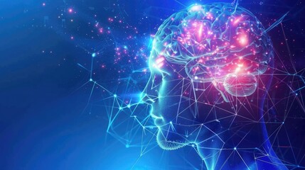 Obraz premium The image shows a brain with a glowing network of connections. The brain is surrounded by a dark blue background with a subtle gradient of light blue.