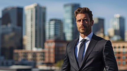Fototapeta premium Determined Business Professional in Formal Attire Against City Skyline Background