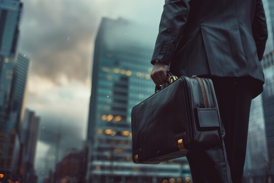 Determined Businessperson in Modern Financial District with Dramatic Sky