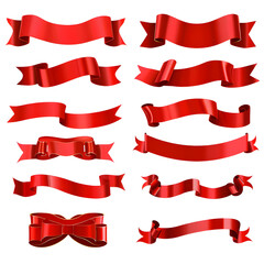 set of red ribbons white background,generative ai