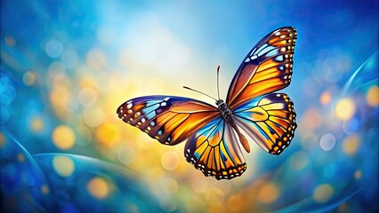 Fototapeta premium Beautiful butterfly with blue, yellow, and orange patterns flying gracefully, Butterfly, flight, isolated, background, colorful