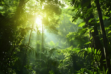 Serene tropical rainforest with towering trees and dense foliage