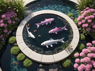 Generative AI. A round ornamental pool in which two fish swim, yin and yang style, one black and one white, and around the pool small purple and pink flowers