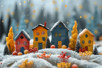Naklejka premium Nordic kid's hand drawn holiday card with small village. Creative children texture for kids textiles, fabrics, decor, wallpapers.