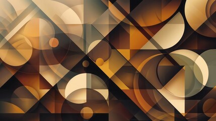 Obraz premium A peaceful abstract background featuring interwoven geometric patterns in gradient transitions, with shapes such as circles, triangles, and squares that shift from dark brown to caramel to beige.