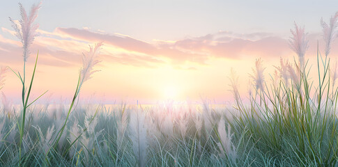 Fototapeta premium Panoramic view of tranquil coastal marshland with tall grasses swaying in the breeze