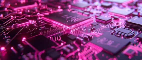 Obraz premium The illuminated microchip layer is bathed in pink light. Showcasing advanced technology and innovation in electronics manufacturing.