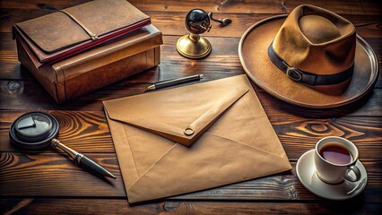 Fototapeta premium A private detective's desk with top secret envelopes , detective, investigation, confidential, classified, files, secret