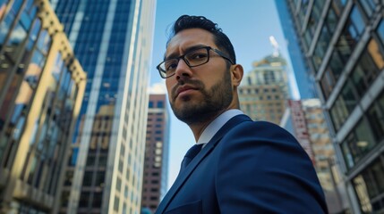 Determined Business Person in Formal Attire with Blurred Business District Background