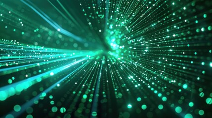 Glowing green particle trails in motion, forming a glowing vortex tunnel