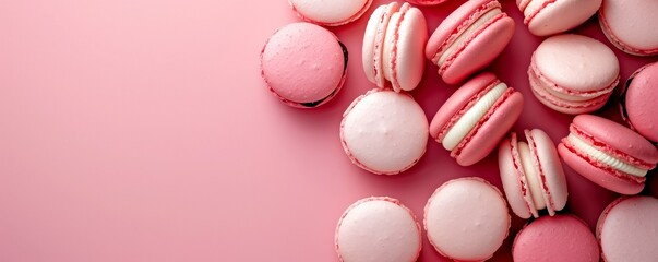 Fototapeta premium Macaron dessert on a plain background with space for text. French cookies. Small sweet with filling. Meringue with cream