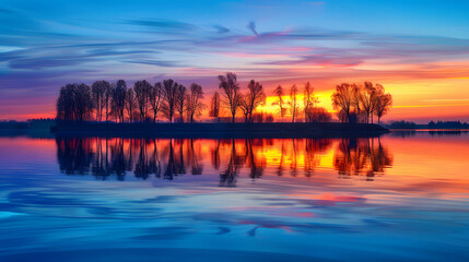 A serene moment: Sunset colors painting the calm water's reflection