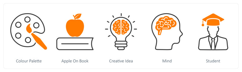 A set of 5 School and Education icons as color palette, apple on book, creative idea