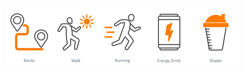 Obraz premium A set of 5 Sports and Fitness icons as route, walk, running