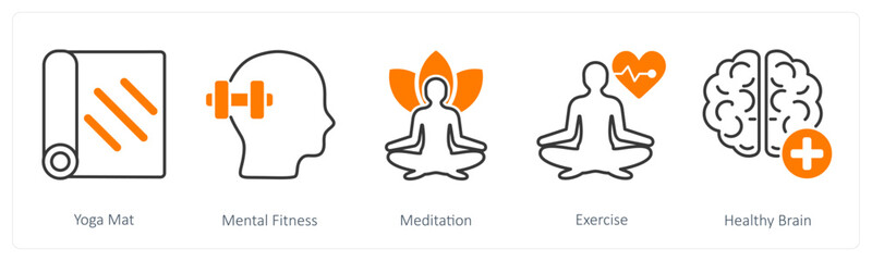A set of 5 Sports and Fitness icons as yoga mat, mental fitness, meditation