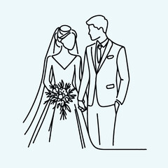 Vector line drawing of the bride and groom on white background