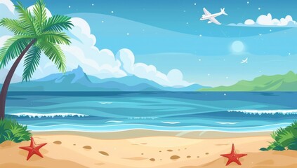 Obraz premium Tropical Beach Paradise with Palm Trees and a Plane
