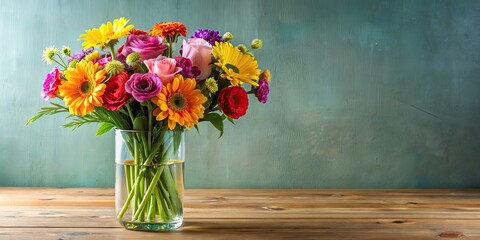 Bright and colorful bouquet of flowers in a clear glass vase, bouquet, flowers, vibrant, arrangement, petals, vase, glass