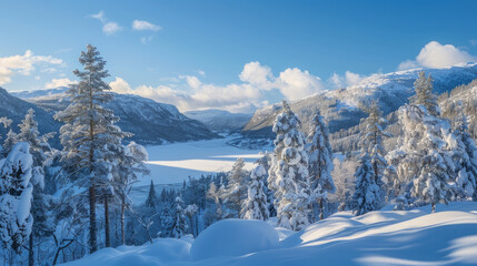 Obraz premium Norway's winter wonderland offers breathtaking views of snow-covered peaks, frozen lakes, and towering pines.