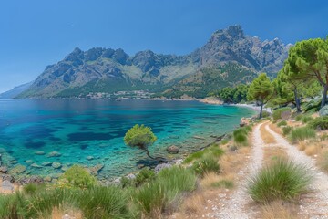 Scenic Coastal Path Leading to a Turquoise Bay in a Mountainous Landscape
