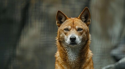 Brown and white dingo against grey backdrop