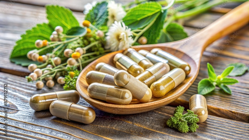 Sticker Herbal capsules and flowers on a wooden table.