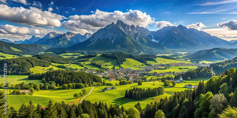 Poster Beautiful panoramic view of the Austrian mountains and countryside, Austria, panorama, mountains, landscape, nature, scenic