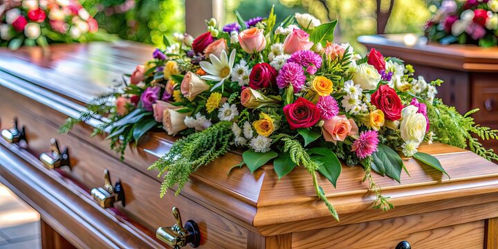 Close up of a beautiful flower arrangement on a coffin at a funeral, funeral, coffin, flower, arrangement, close up, casket