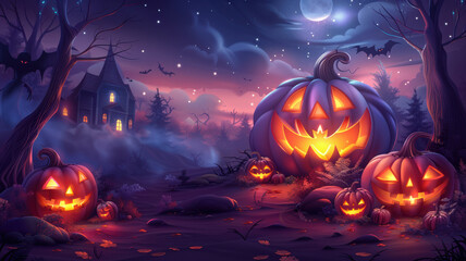 Cartoon Halloween Scene with Pumpkins