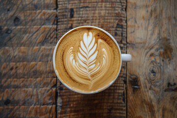 Cappuccino coffee with latte art in a white cup on a wooden table, in a top view. An aerial view of latte art in a cappuccino coffee with intricate details captured in natural lighting, suitable for s