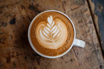 Cappuccino coffee with latte art in a white cup on a wooden table, in a top view. An aerial view of latte art in a cappuccino coffee with intricate details captured in natural lighting, suitable for s