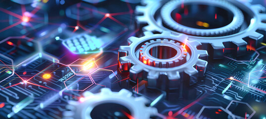 Metallic gears spin against a backdrop of digital data, charts, and growth graphs, representing the interconnected nature of technology and progress