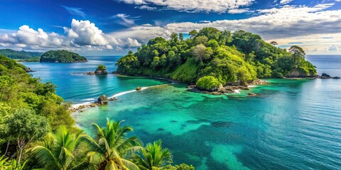 A picturesque view of Costa Rica's lush island landscape, with vibrant greenery and clear blue waters, Costa Rica, island