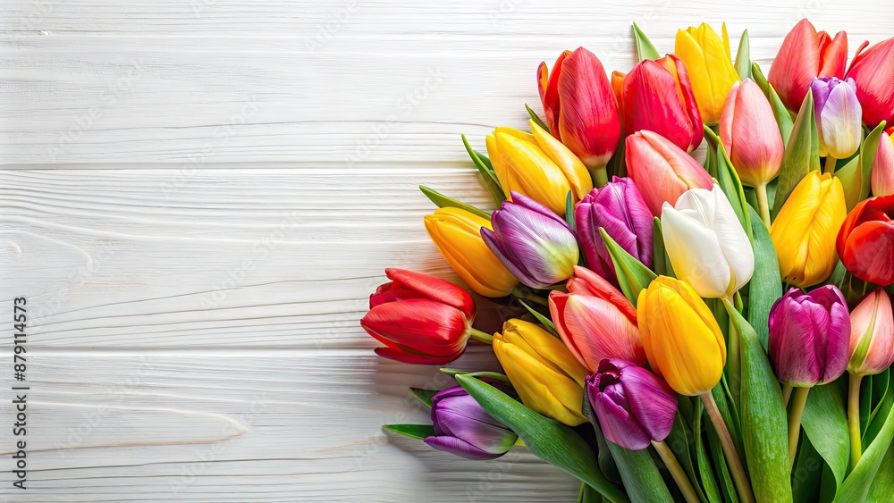 Wall mural Bouquet of colorful tulips on a white background, Tulips, flowers, bouquet, vibrant, colorful, spring, nature, flora