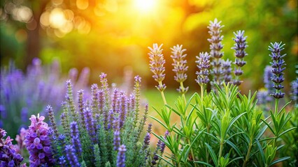 Obraz premium Aromatic herbs lavender and rosemary growing in a garden , aromatherapy, botanical, purple, green, flowers, plants