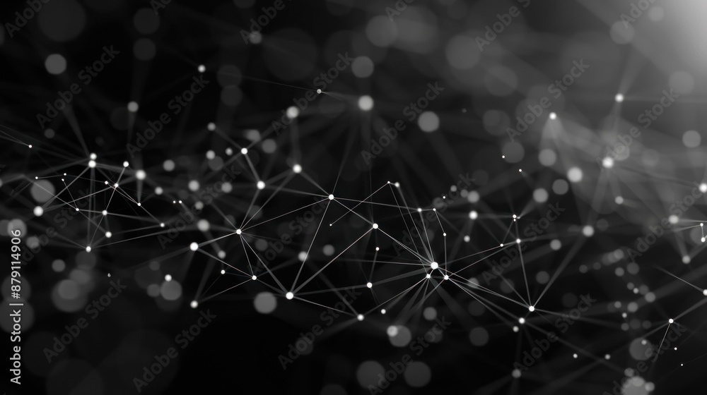 Poster glowing white particles form intricate connections on a dark background