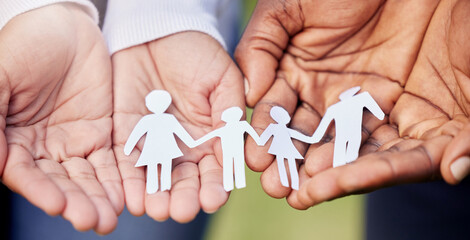 Hands, paper cutout and diversity for family love, support and solidarity together. Child, parent...
