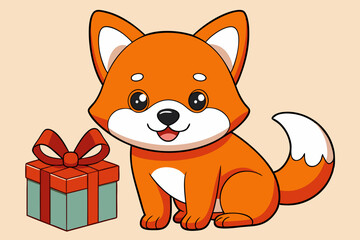 Christmas dog and gift box vector illustration 