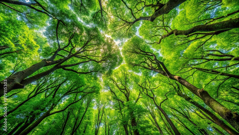 Canvas Prints A close-up view of lush green tree canopies in a dense forest , nature, foliage, greenery, branches, leaves, canopy, trees