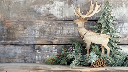 Rustic Christmas greeting with wooden deer fir tree on wooden backdrop Festive card with space for messages