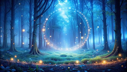 Blue foggy forest fairytale with spiral circle fireflies bokeh background, blue, foggy, forest, fairytale, spiral, circle