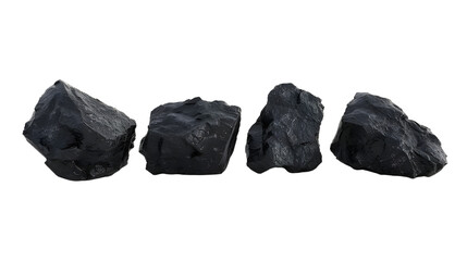 Pack of rough dark stones in various shapes and sizes for geology and decoration Isolated on transparent background
