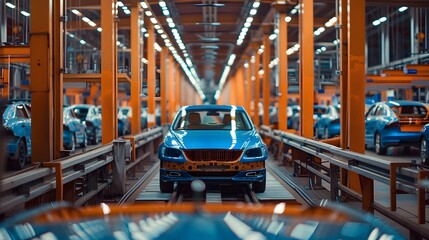 Naklejka premium Mass production assembly line of modern cars in a busy factory